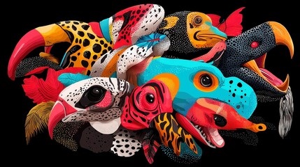Poster - Aboriginal Animal Dot Art Background, featuring bold black outlines, simple solid colors, symbolic wildlife storytelling, geometric style, vibrant cool neon palette