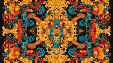 Poster - Byzantine Filigree Ornament Design, featuring gold accents and intricate details, bold black outlines, simple colors, geometric style, cool neon color palette.