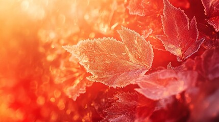 Wall Mural - frost-covered autumn leaves in warm sunlight.