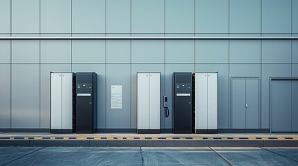 Modern Battery Storage Units Against Industrial Wall Background