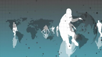 Poster - Walking over world map with digital grid, silhouettes creating animation effect
