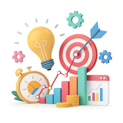 Fototapete - playful 3D illustration featuring light bulb, target, gears, stopwatch, and graph, symbolizing business strategy and innovation