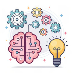 Leinwandbilder - colorful illustration of brain with gears and light bulb, symbolizing creativity and innovation. playful design features interconnected circuits and vibrant colors, representing ideas and