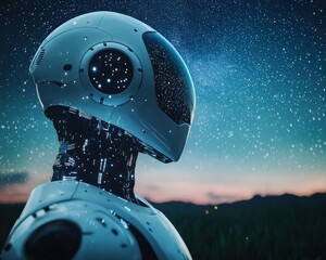 Poster - A serene farm managed by robots under a starry sky