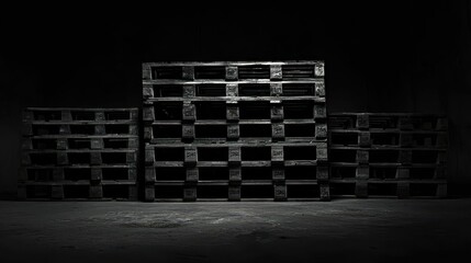 Poster - Dramatic Black and White Photograph of Stacked Wooden Pallets