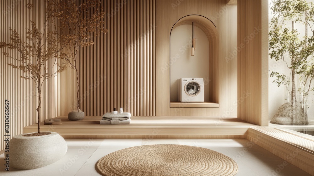 Japandi-inspired interior with a laundry corner featuring a washer and ...
