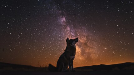 Wall Mural - silhouette of a dog gazing at the milky way galaxy under a starlit night sky.