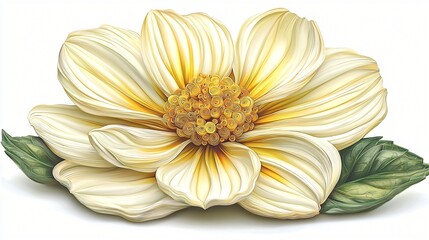 Wall Mural - Creamy white flower, detailed petals, green leaves, white background, floral design