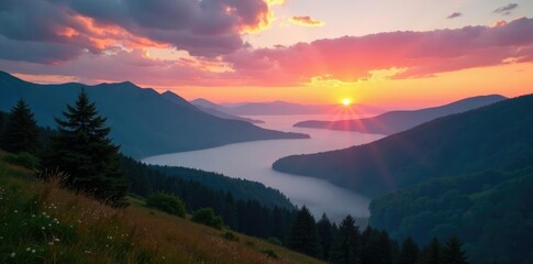 Wall Mural - foggy landscape of the harz mountains at sunset, sky, sunsets, clouds
