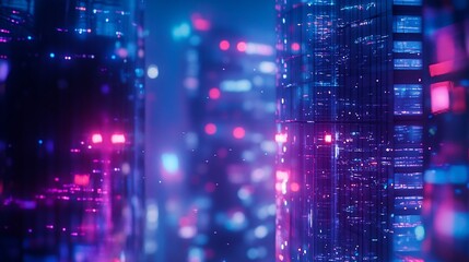 Wall Mural - Futuristic city at night with glowing skyscrapers and bokeh lights.