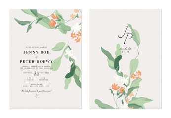 Wall Mural - Wedding invitation and save the date template set of floral design with green leaves and orange and white flowers on a light brown background. The style is modern, minimalist and nature-inspired
