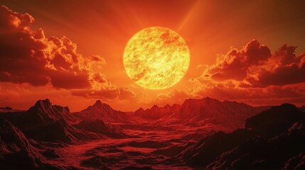 Wall Mural - fiery sunset over a mountainous alien landscape.