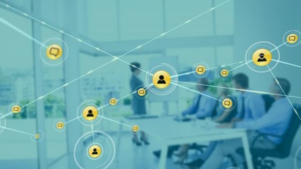 Poster - Network of connections and data processing animation over business meeting in office