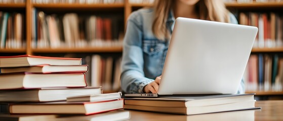 Poster - Focused and Determined Woman Typing on Laptop Computer with Books Next to Her in a Contemporary Cinematic Lit Office Workspace