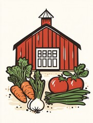 Aufkleber - Rustic barn surrounded by fresh vegetables represents farm products in modern design showcasing agriculture and sustainability