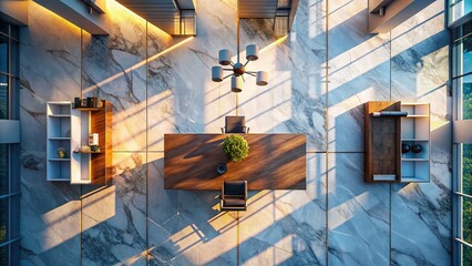 Poster - Minimalist Office Silhouette on Marble: Drone Aerial View Stock Photo