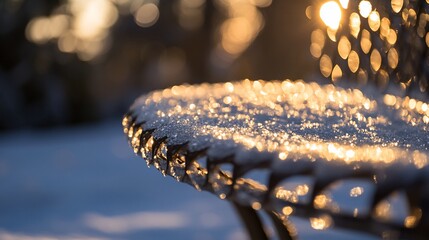 Wall Mural - snow-covered metal table at sunset, glittering with light.