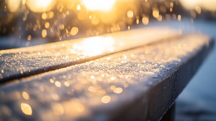 Wall Mural - sunlit snow-covered park bench at sunset.