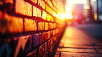 Wall Mural - sunset illuminating a brick wall with graffiti.