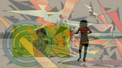 Poster - Dancing silhouette over colorful geometric shapes in abstract animation design