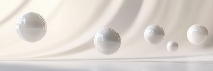Poster - Floating minimalist 3D shapes with soft shadows create a futuristic design on an elegant white background
