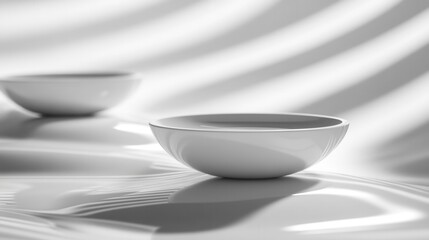Aufkleber - Floating minimalist bowls with elegant reflections and soft shadows on a white background creating a futuristic aesthetic