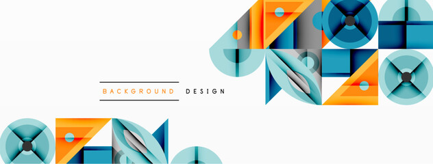 Poster - Geometric abstract composition with intersecting shapes, circles, triangles, and gradients, blending vibrant colors and dynamic contrasts to create a modern, futuristic visual design