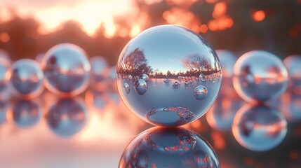Wall Mural - reflective spheres capture a beautiful outdoor scene at sunset