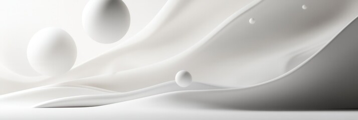 Poster - Futuristic design showcasing minimalist floating 3D shapes with soft shadows and light reflections on a white background