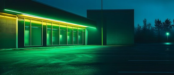 Poster - Illuminated architectural landscape at night featuring a modern glass and steel commercial or office building exterior  Minimalist design with bold geometric shapes clean lines