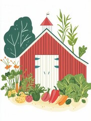 Aufkleber - Rustic barn surrounded by fresh vegetables and natural greenery in a clean modern design
