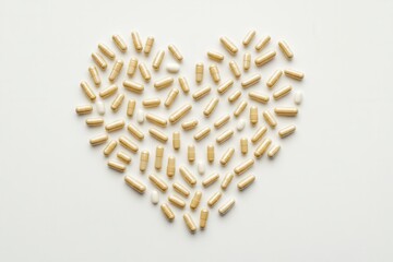 Poster - Heart shaped arrangement of pills and capsules creates a striking visual effect in a minimalistic modern setting emphasizing health and wellness