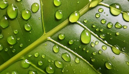 Wall Mural - a close up of a fresh green leaf with water droplets on it highlighting its vibrant texture this image is ideal for wellness nature themed projects or health related articles or websites