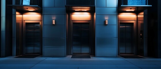 Poster - Illuminated glass and steel skyscraper entrance with sleek architectural design creating an impressive and sophisticated presence at night in the heart of a thriving metropolitan city