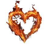 A unique fire formation in the shape of a heart on transparent background