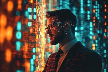 Poster - Immersive Digital World: Businessman Engaging with Futuristic Technology Display