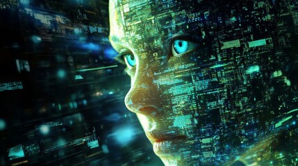 Poster - Futuristic Human Face Merged with Digital Data and Technology Elements
