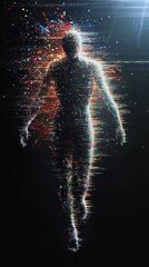 Poster - abstract human figure surrounded by colorful light trails and particles