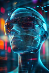 Poster - Futuristic humanoid with digital interface and augmented reality glasses