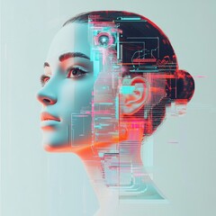 Poster - Innovative Portrait of a Woman with Futuristic Digital Elements