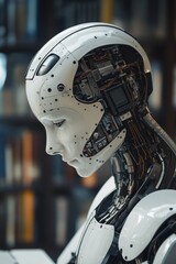 Poster - Futuristic Robot Head with Exposed Technology in Modern Library Setting