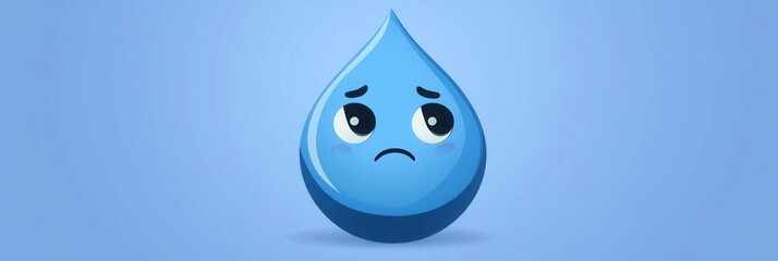 Poster - Sad blue water drop with eyes expresses emotion in a minimalist style against a soft blue background