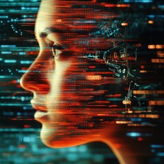 Poster - Futuristic Portrait of Woman with Digital Data Overlay Effect