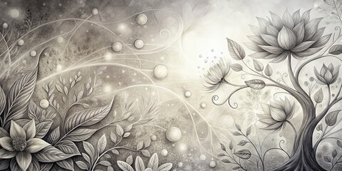 Poster - Monochrome Ink Drawing: Ethereal Biophilic Art Background with Copy Space