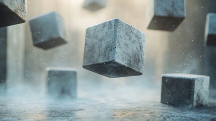 Wall Mural - floating concrete cubes in a hazy atmosphere showing their structure