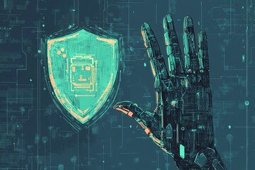 Poster - Digital Hand Reaching Toward Cybersecurity Shield Illustration