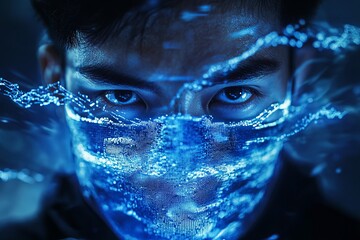 Poster - Futuristic Portrait of Young Man with Digital Mask and Glowing Effects