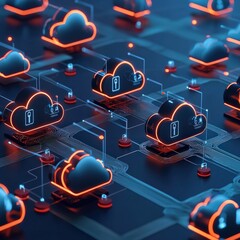 Poster - secure cloud platforms illustrated with glowing locks and layers