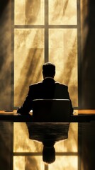 Poster - A man is sitting at a desk with a laptop in front of him