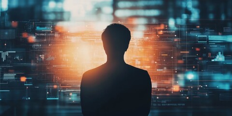 Poster - A man is looking at a computer screen with a lot of numbers and lines
